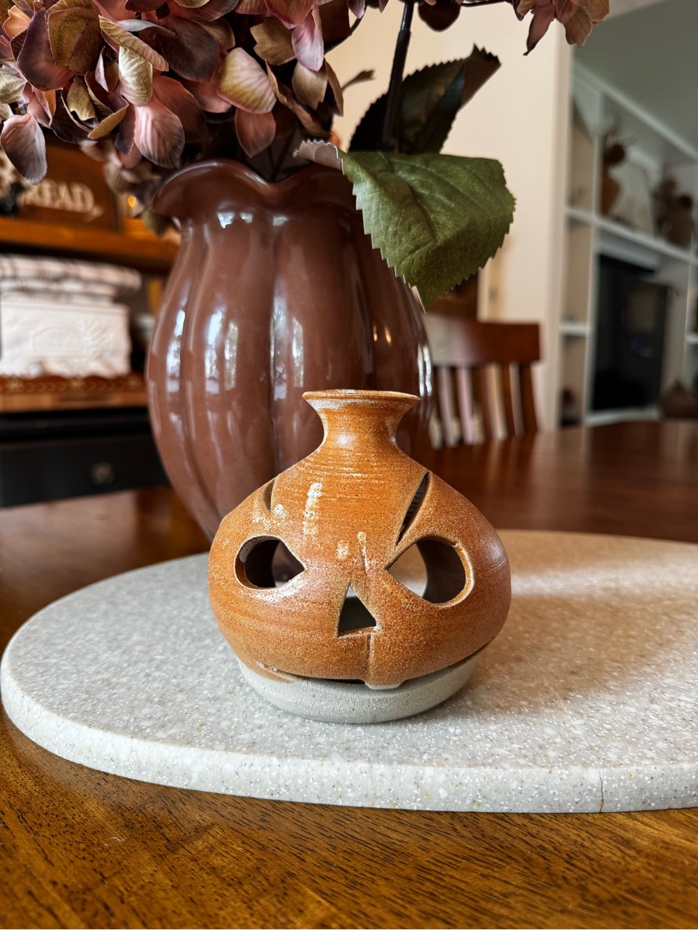 Art Pottery Pumpkin Jack-o'-lantern Votive Candle Holder Signed Halloween